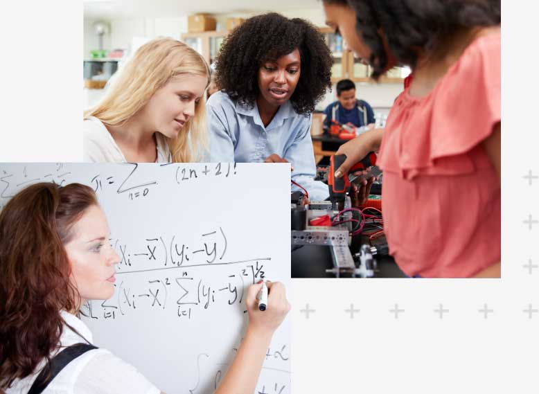 woman doing math and women building robots